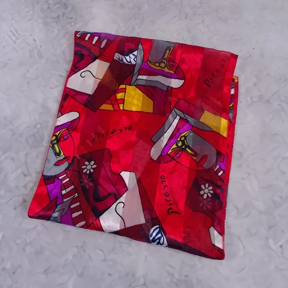 Vintage Picasso Abstract Silk Scarf Red 60x13 Artistic Retro Accessory - Picture 3 of 8
